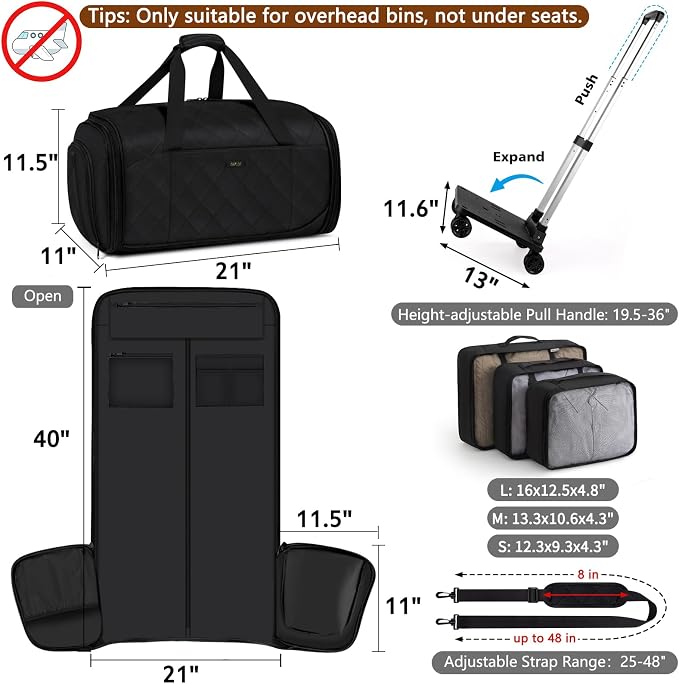 Rolling Garment Bags for Travel - Carry on Convertible Garment Duffle Bags with Wheels for Men Women, 4 in 1 Large Travel Duffel Bags with Shoes Compartment Hanging Suit Dress Weekender Bag 4pcs Set - Image 8