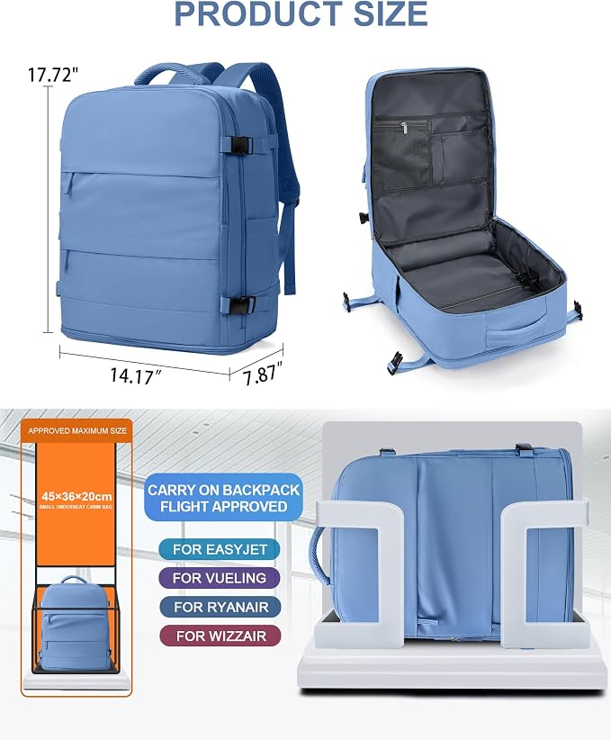 coowoz Large Travel Backpack Carry On for Women Man Waterproof Gym Backpacks with Laptop Compartment Mochila de Viaje Teacher Personal Item Backpack Rucksack Airplane Accessories Must Haves Sky Blue - Image 4