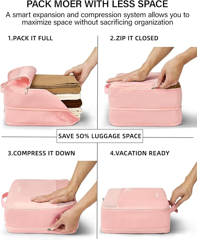 Hanke 7 Piece Expandable Compression Packing Cubes, Premium Travel Packing Organizers for Suitcases/Carry On, Luggage Organizer Bags with Breathable Mesh & Label,Pink - Image 3