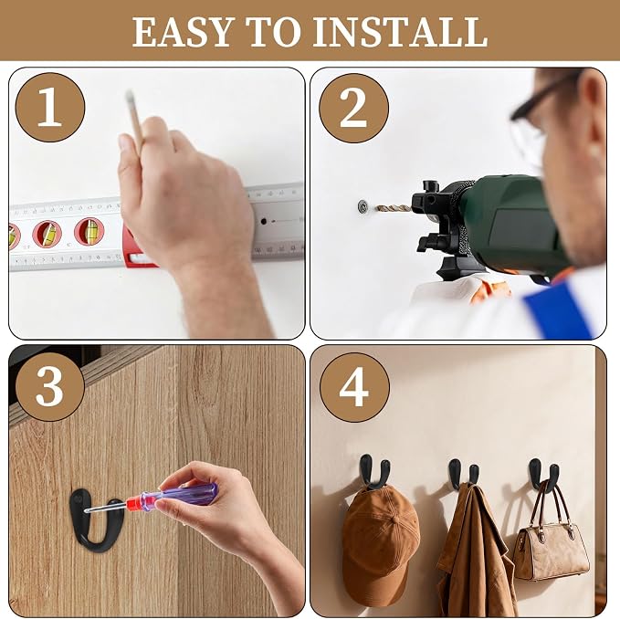CBWLWJ 16 Pack Coat Hooks Wall Mounted Single Prong Robe Wall Hooks for Hanging Towel Hooks for Living Room, Bathroom, Kitchen, Bedroom for Coat, Bag, Scarf, Towel, Hat, Key, Cup (Black) - Image 7