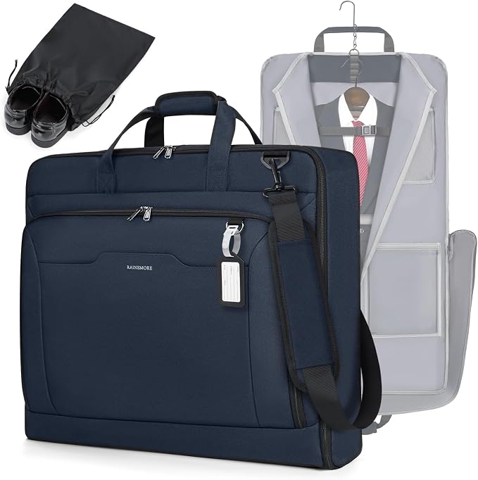 RAINSMORE Garment Bags for Travel Carry On Garment Bag for Hanging Clothes, Suit Bag for Business Trips with Shoes bag & Shoulder Strap, Waterproof Foldable Suit Luggage Bag for Men Women, Blue by RAINSMORE