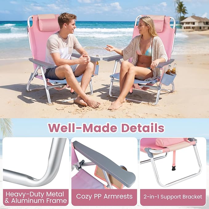Giantex Folding Beach Chair, Patio Sling Chairs with 5 Adjustable Position, Head Pillow, Storage Bag, Towel Bar, Cup Holders, Backpack Chairs for Sunbathing, Camping Chair - Image 5