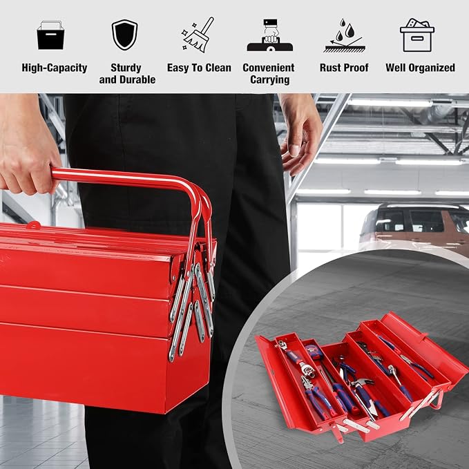 WORKPRO Metal Tool Box, 18-inch Cantilever Folding Red Storage Box, 3-Layer 5-Tray Multi-Function Tool Organizer, Red - Image 4