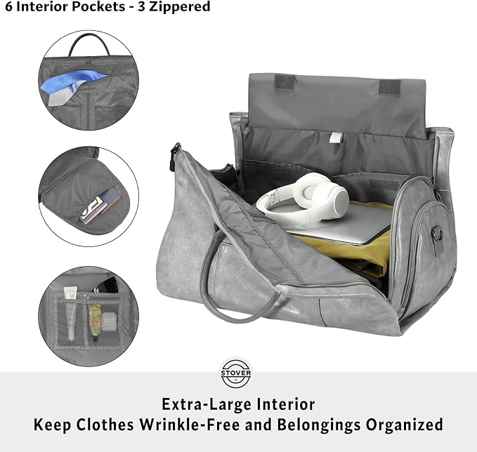 STOVER Garment Travel Duffle Bag, Large 2-in-1 Convertible Carry-on Luggage for Men & Women- Hanging Suits, Dresses & Clothes + Shoe Compartment- Weekender Tote Combo Duffel (Grey Leatherette) - Image 3