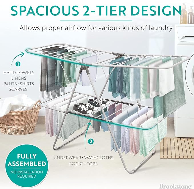 Brookstone 2 Tier Folding Rack - Indoor/Outdoor Collapsible Clothes Dryer Stand Laundry or Shoe Rack, Heavy Duty Freestanding Garment Hanger, Foldable, Clothing Drying Rack, White - Image 3