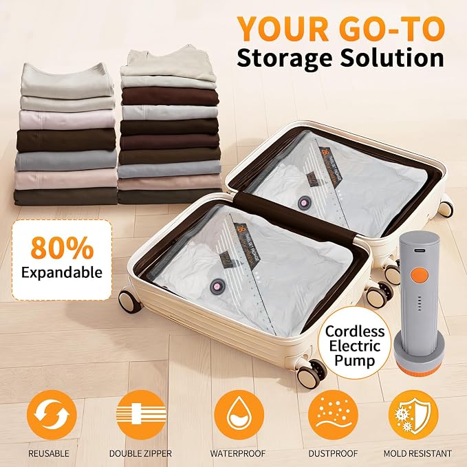 Vacuum Storage Bags, Travel Vacuum Bags with Portable Electric Pump, Space Saver Compression Bags for Travel, Luggage, Suitcase, Vacuum Seal Bags for Clothing, Bedding, Large Items-12 Combo Set - Image 2