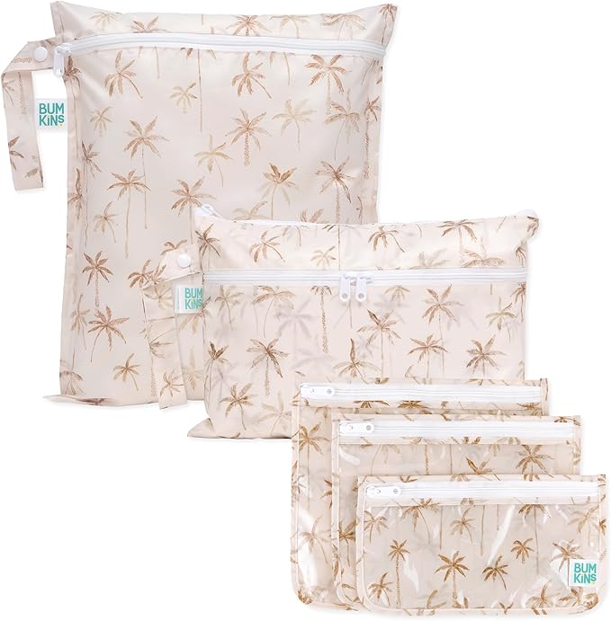 Bumkins - Waterproof Wet Bag, Wet/Dry Clutch & Clear Travel Bags - For Beach, Baby, Travel, Cloth Diapers, Pump Parts, Pool, Gym, Toiletries - Reusable & Easy to Clean - Palm Trees - 5 Pack by Bumkins