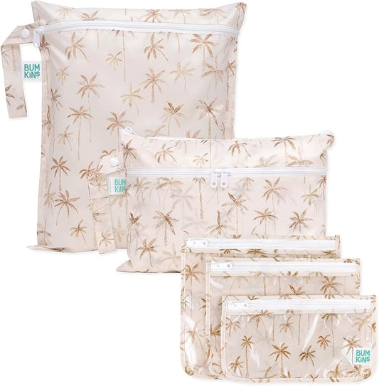 Bumkins - Waterproof Wet Bag, Wet/Dry Clutch & Clear Travel Bags - For Beach, Baby, Travel, Cloth Diapers, Pump Parts, Pool, Gym, Toiletries - Reusable & Easy to Clean - Palm Trees - 5 Pack by Bumkins