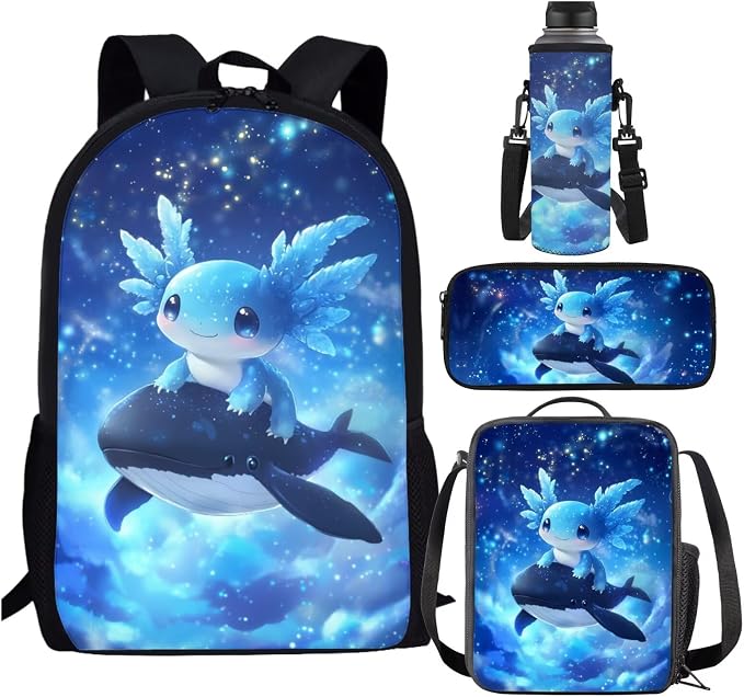 Galaxy Axolotl Backpack with Lunch Box for Girls 6-8/8-10 Killer Whale Bookbag 4 in 1 Elementary School Back Pack Toddler Kids Preschool Book Bags Lunch Bag Pencil Case Water Bottle Holder by SCRAWLGODDreamWardrobe