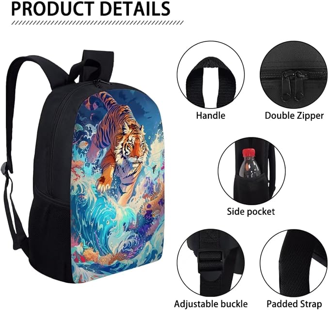17 Inch Animal Print School Backpack And Lunch Box Set for Kids Lightweight Sea Wave Tiger Backpack for Boys Girls Sturdy School Bag with Insulated Lunchbox Pencil Case Student Bookbag - Image 4