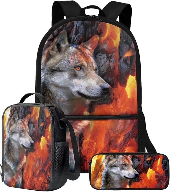 Wolf Lava Fire Print Backpack Set for Student Schoolbag Lightweight Bookbag Lunch Box Pencil Case Fashion 17 Inch Travel Laptop Backpacks Rucksack Daypack with Adjustable Straps by ZIATUBLES