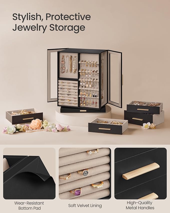 SONGMICS GISELLA Collection - Jewelry Box 360° Rotating, Jewelry Storage Case with 7 Drawers, Jewelry Organizer, Glass Window, Open Design, Great Gift, Ink Black UJBC201B01 - Image 5