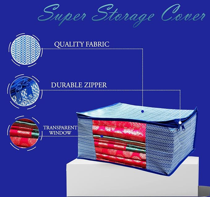 ANKIT INTERNATIONAL Saree Cover Storage Bags Pack of 12 – Non Woven Foldable Clothes Storage Organizer with Zipper & Clear Window, Wardrobe Garment Storage for Sarees, Dresses (Blue) - Image 9