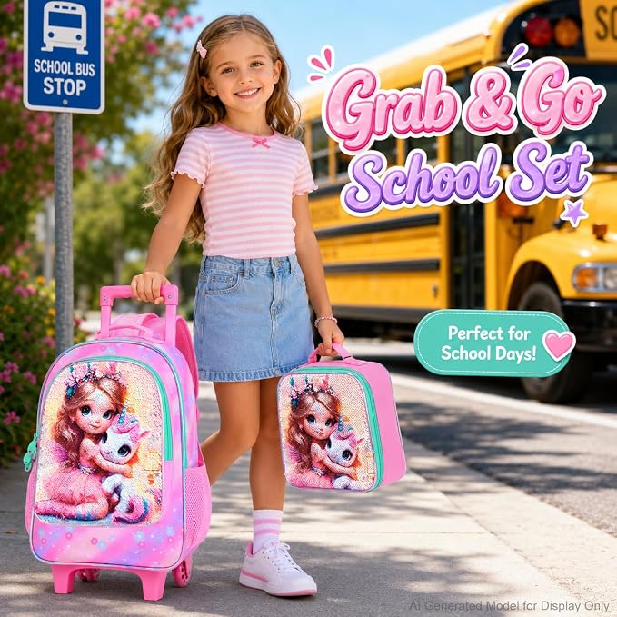 AGSDON 3PCS Rolling Backpack for Girls Boys, Kids Roller Wheels Bookbag, Wheeled School Bag with Lunch Bag - Image 7