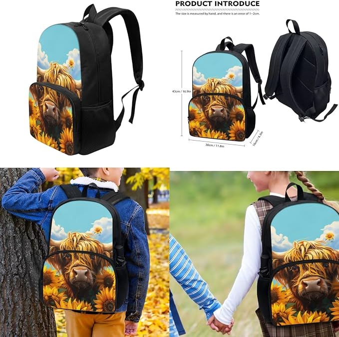 Sunflower Highland Cow Backpack for Girls School Bag Aesthetic Backpacks with Lunch Bag & Pencil Case Kawaiian Schoolbag 3 in 1 Rucksack Bookbag Set - Image 3