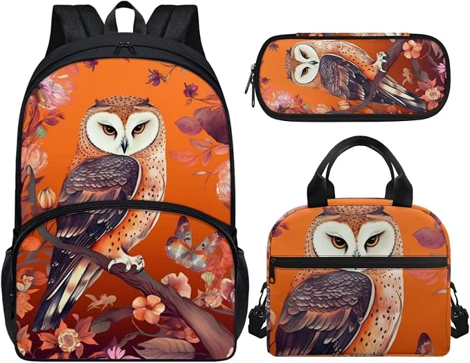 Cute Orange Floral Owl Backpack Set for Girls Kids Lightweight Cute School Backpack with Lunch Box Pencil Case Adjustable Strap Padded Book Bag Insulated Lunch Bag - Image 2