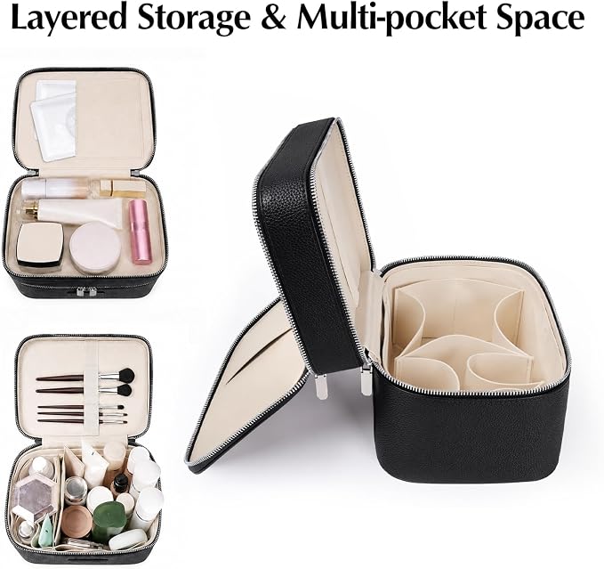 Makeup Case,Leather Double Layer Makeup Bag Duo,Large Portable Travel Toiletry Case Cosmetic Organizer for Women - Image 4