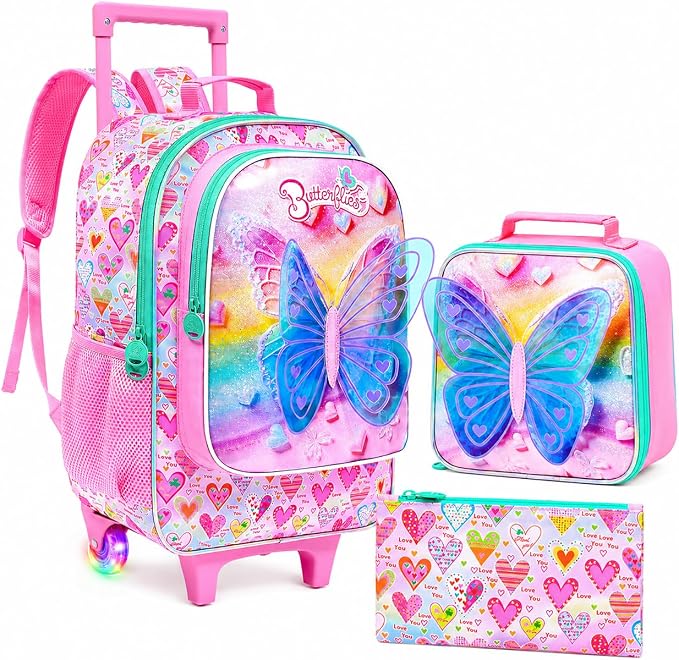 AGSDON 3PCS Rolling Backpack for Girls Boys, Kids Roller Wheels Bookbag, Wheeled School Bag with Lunch Bag by AGSDON