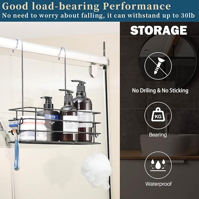 Shower Caddy Hanging Shower Orangizer Stainless Steel Shower Rack with Hooks Over The Door, Shampoo Basket Storage (Black) - Image 2
