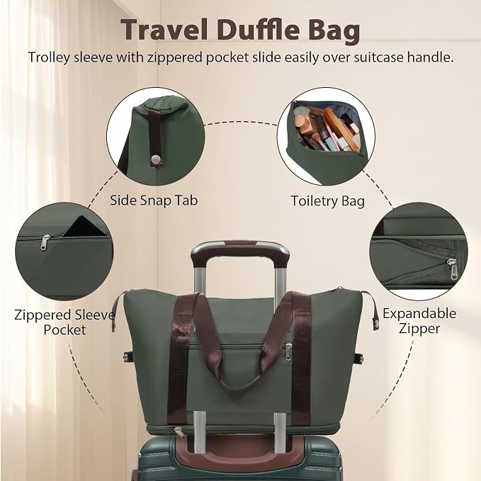 3 Piece Carry On Luggage Sets, 20 Inch Airline Approved Hard Shell Suitcase with TSA Lock & 360° Spinner Wheels, Travel Set with Duffel Bag for Women (Green) - Image 3