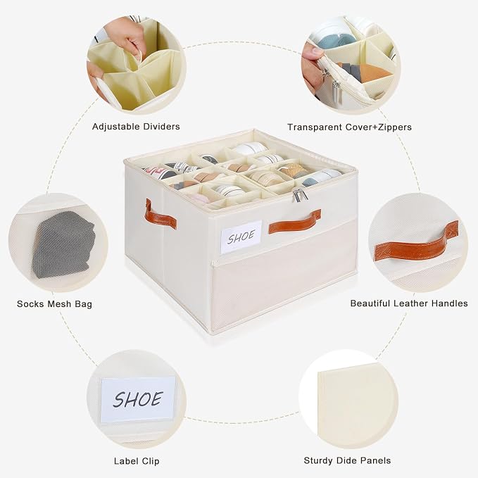 Shoe Organizer for Closet, Shoe Storage Box, Foldable Shoe Box with Adjustable Dividers and Clear Cover, Closet Shoe Organizer Fits up to 16 Pairs, 1-Pack, Extra Storage Pocket for Socks - Image 5