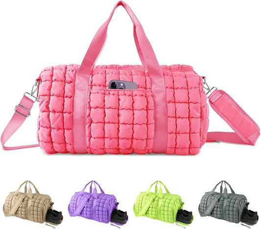 Quilted Travel Duffle Bag Gym Bag for Women,Large Puffer Duffle Weekender Bag with Compartment,Workout Overnight Carry on Organizer Bag Duffle Bag for Airplane Travel(L-Pink) by XSUIOY