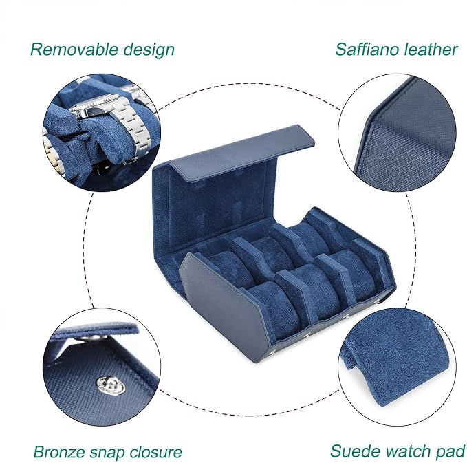 Hiram Genuine Leather Hexagon Watch Roll Travel Case, Leather 6-Watches Roll Case with Removable Pillow Cushion for Treasured Watches and Bracelets-Blue - Image 4