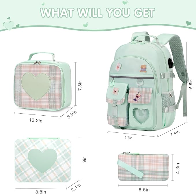 ACESAK Girls Backpack - Bento Box with Insulated Lunch Bag Pencil Case & Utensils Set for Kids, 6 Leakproof Compartments Removable Tray Lunches or Snack Container for School (Green) - Image 2