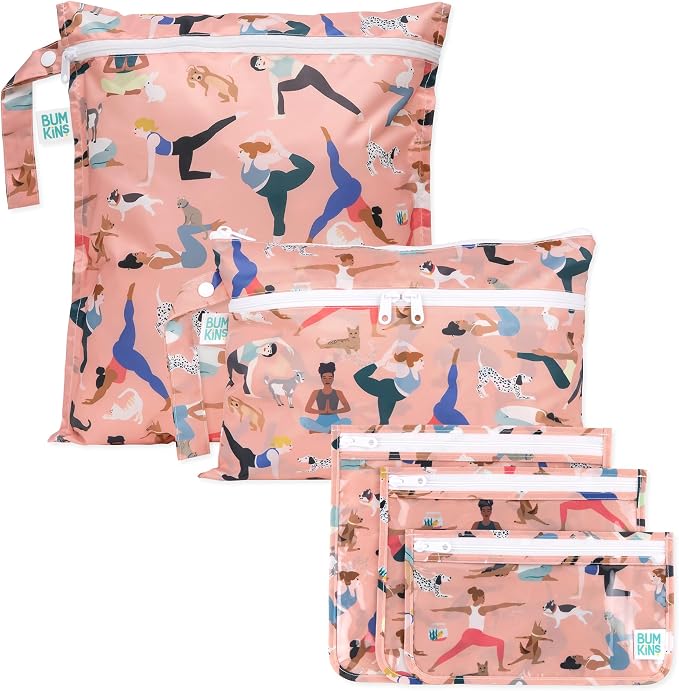 Bumkins - Waterproof Wet Bag, Wet/Dry Clutch & Clear Travel Bags - For Beach, Baby, Travel, Cloth Diapers, Pump Parts, Pool, Gym, Toiletries - Reusable & Easy to Clean - Yoga Pals - 5 Pack by Bumkins