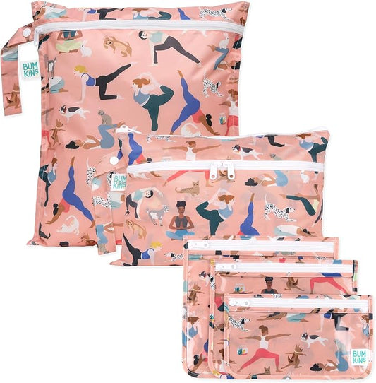 Bumkins - Waterproof Wet Bag, Wet/Dry Clutch & Clear Travel Bags - For Beach, Baby, Travel, Cloth Diapers, Pump Parts, Pool, Gym, Toiletries - Reusable & Easy to Clean - Yoga Pals - 5 Pack by Bumkins