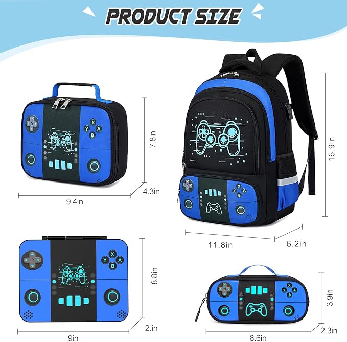 Bevalsa Backpack for Boys with 43OZ Bento Lunch Box,Insulated Lunch Bag & Pencial Case,Cool Luminous Gamer Schoolbag for Kids Teens Elementary Middle School,Bookbag Glow In The Dark - Image 2