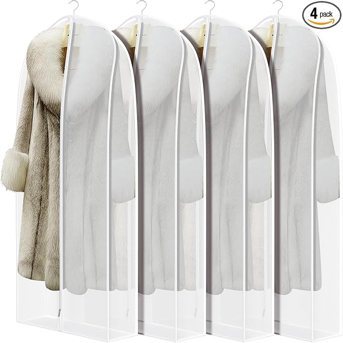 Zilink Breathable Garment Bags for Fur Coat 50” Suit Bags for Closet Storage Silky Suit Dust Covers for Hanging Clothes with 7" Gussted Wrinkle Free for Leather Clothing, Fur Coat, White, Set of 4 by Zilink
