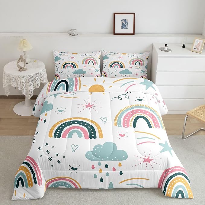 Erosebridal Rainbow King Bedding Sets for Girls, Sun and Stars Comforter Set Cartoon Style Cloud Quilt for Kids Boys Children Women Bedroom Decor, Hand Drawn Iridescent Duvet Insert - Image 2
