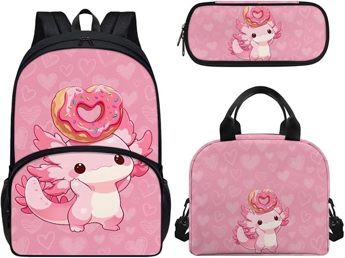 Axolotl Donuts 3Pcs Backpack Sets, Kids Bookbags Primary School Daypack Elementary Students Knapsack with Insulated Lunch Box Pencil Case for Teens by CndexdWearfunPrintjoy