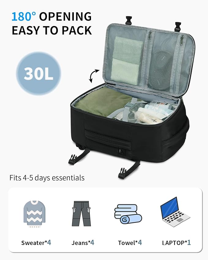 ECOHUB Travel Backpack for Men Women, Carry on Backpack with USB Charging Hole, Spirit Airlines Personal Item Bag Flight Approved, 15.6 Inch Laptop Backpack with Anti Theft Pockets, 30L, Black - Image 5