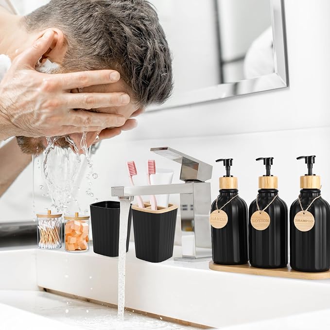 XLHOMO Black Bathroom Accessories Set 17PCS Bathroom Set with 3PCS Soap Dispenser Bathroom Accessory Set Black Trash Can for Bathroom Decor - Image 3