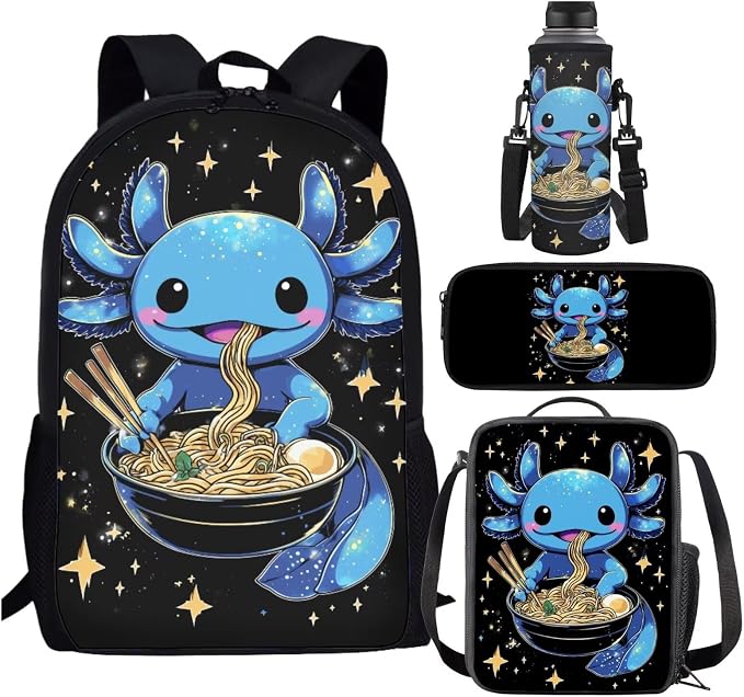 Blue Axolotl Backpack with Lunch Box Kids Girls 6-8/5-7 Ramen Elementary School Bookbag Lunchbox Pencil Case Water Bottle Holder Galaxy Anime Book Bag 4 in 1 Student Back Pack Set 1st Grade by SCRAWLGODDreamWardrobe