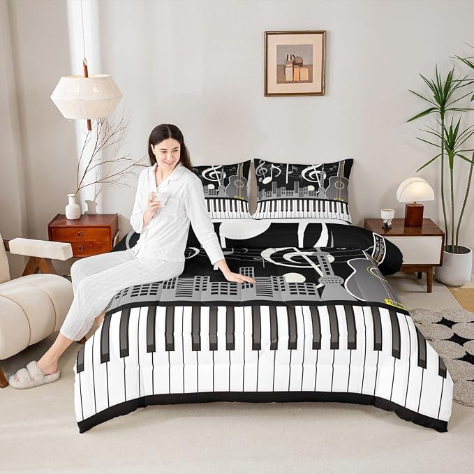 Erosebridal Paino Keys Bedding Set King Size Musical Notes Comforter Set Guitar Rock Music Bedding Comforter for Kids Boys Teens Men Retro Black White Grey Down Comforter Bedroom Decor 3 Piece - Image 4