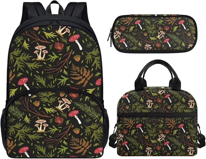 Vintage Mushroom Print Backpack Set for Girls Kids Lightweight Cute School Backpack with Lunch Box Pencil Case Adjustable Strap Padded Book Bag Insulated Lunch Bag - Image 2