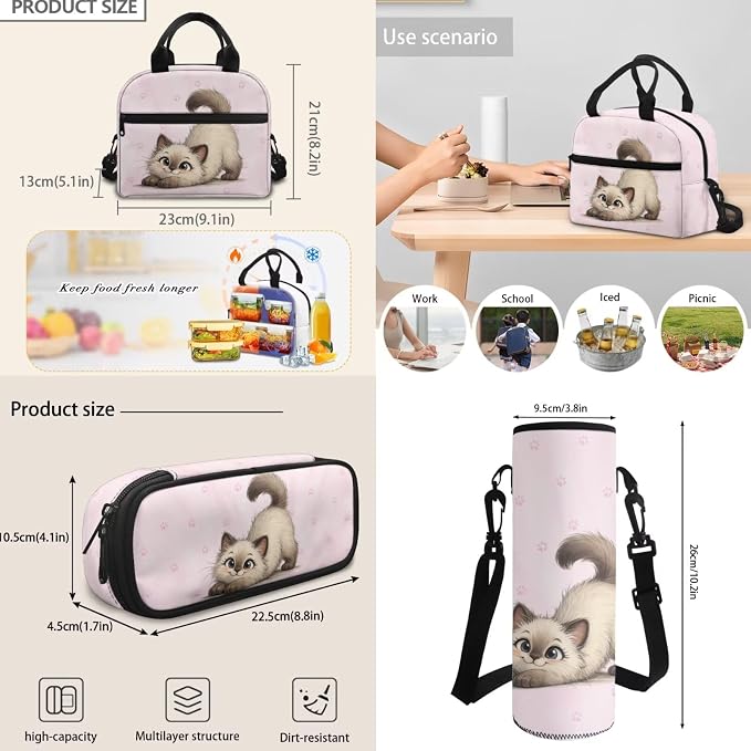Funny Cat Backpack Set for Girls, Pink Paws School Backpack for Kids 8-12, 4 Pcs Travel Bookbag Insulated Lunch Bag Pencil Box Stationery Pouch Bag Schoolbag Daypack Knapsack Rucksack - Image 6