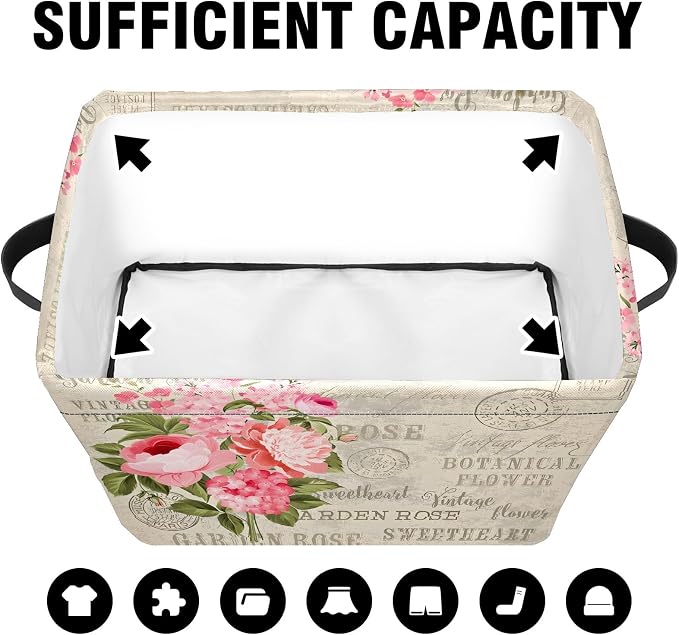 Vintage Rose Floral Foldable Baskets Storage Bins with Handles, Decorative Cloth Organizer Storage Boxes 2 sets - Image 5