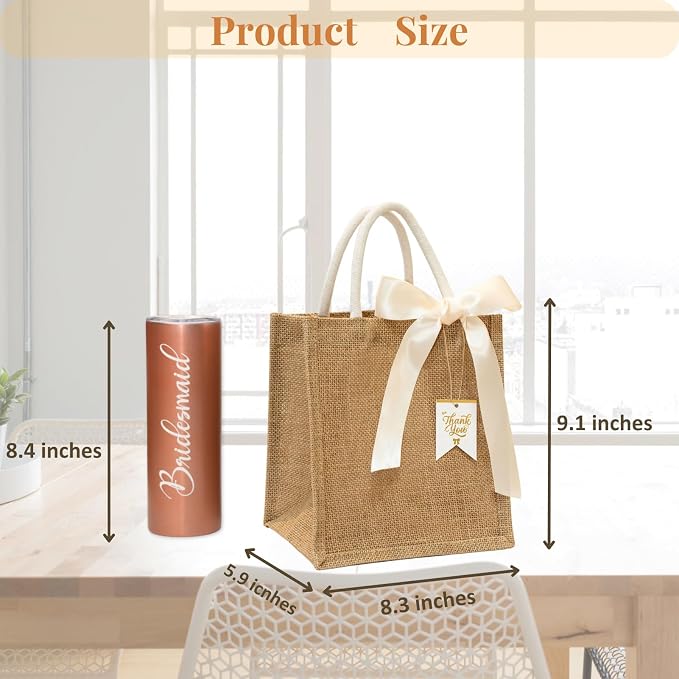 JollyFayre Small Burlap Gift Bags 10 Pack for Wedding Welcome, Bachelorette, Beach, Bridesmaid - Reusable Bulk Jute Bags with Cream Ribbons - Image 7