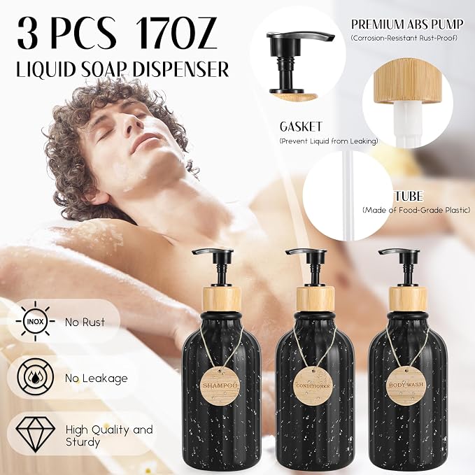32PCS Bathroom Set Bathroom Accessories with Shower Curtain and Bath Towel,Trash Can,Bathroom Decor,Black Shower Curtain Set,Toilet Brush,Trash Can & 3PCS Soap Dispenser - Image 2