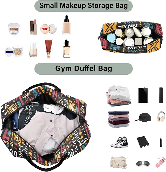 Weekender Bags Travel Duffel Gym Bag Carry on Overnight Tote Bag with Toiletry Bag for Airplane Travel Trip Gym Yoga (African Geometric Print) - Image 4