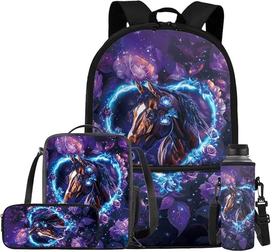 Horse Backpack for Girls Kids Backpack with Lunch Box Water Bottle Holder and Aesthetic Pencil Case 4PCS Set Bookbag with Front Pocket for School Teens 17" Sturdy School Bag with Side Pocket by ELEDIZI