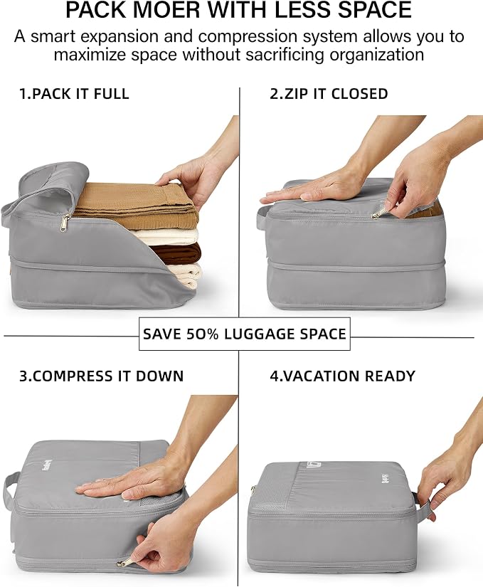 Hanke 7 Piece Expandable Compression Packing Cubes, Premium Travel Packing Organizers for Suitcases/Carry On, Luggage Organizer Bags with Breathable Mesh & Label,Light Grey - Image 3