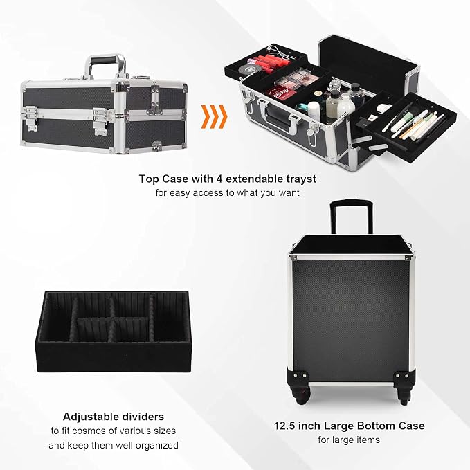 4 in 1 Rolling Makeup Train Case, Large Storage Cosmetic Trolley Makeup Travel Case with Key & Wheels Salon Barber Case Traveling Cart Trunk (Black) (0057) - Image 4