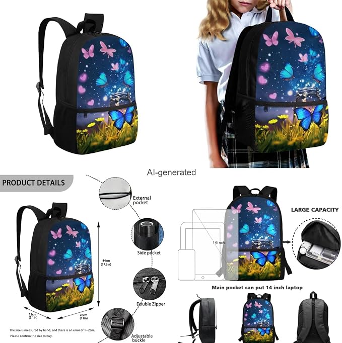 Butterfly Backpack for Girls Kids Backpack with Lunch Box Water Bottle Holder with Strap and Aesthetic Pencil Case 4PCS Set Cute Bookbag with Front Pocket for School Teens 17 inch School Bag - Image 3