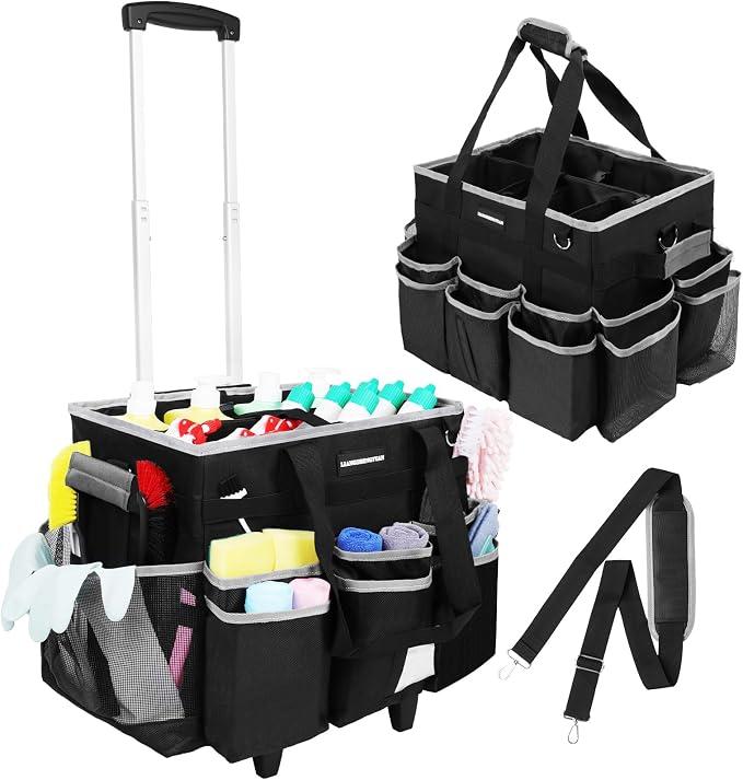Large Rolling Cleaning Caddy Bag, Cleaning Caddy with Wheels with Detachable Trolley for Housekeepers, Water Resistant Cleaner Supplies Organizer with Wheels for Kitchen, Car, Picnic (Black-Grey) by LIANGSHENGYUAN