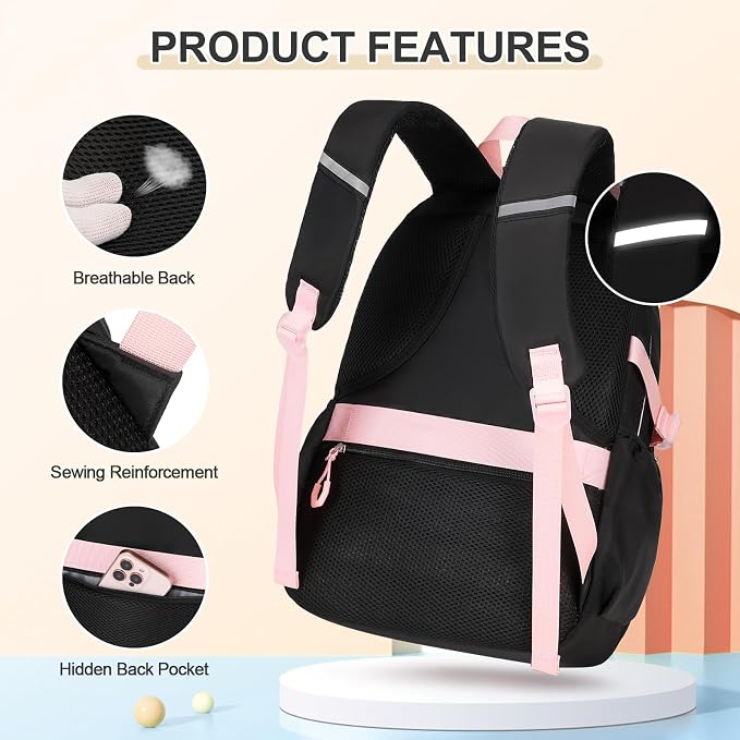 DIGOBAY Backpacks for Girls, 3PCS School Backpack with Lunch Box Pencil Pouch for Teen Girls Kids Elementary Primary Middle High College School Bookbag Set （Black-Pink） - Image 4